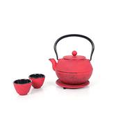 Echtwerk Service à thé Théière en fonte 1,1 L Théière avec soucoupe 2 tasses à thé Set de théières design vintage, couleur : rouge
