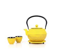 ECHTWERK Service à thé en fonte, théière 1,1 L avec passoire amovible, théière avec soucoupe, set de théières au design vintage pour la préparation de thé en vrac, jaune