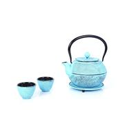 ECHTWERK Service à thé en fonte, théière 1,1 L avec passoire amovible, théière avec soucoupe, set de théières au design vintage pour la préparation de thé en vrac, bleu clair