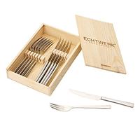 ECHTWERK Set de Couverts à Steak Sarre, Acier Inoxydable 18/10 Poli Inclus Cassette en Bois, 12 unités, 25,7 x 16,7 x 7,5 cm