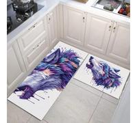 Éclaboussures D'Aquarelle 2 Pièces Tapis de Cuisine, Antidérapant Absorbant,Violet Tapis de Coureur, Tête Loup Animal Imprimé Paillasson Cuisine, 44x70+44x120cm