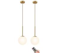 Éclairage Suspendu sans Fil à Piles avec Ampoule Rechargeable USB et télécommande, Suspension Non câblée du Milieu du siècle avec Abat-Jour Globe en Verre Blanc, pour îlot de Cuisine, Table à Manger