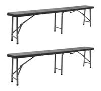 Eclith Lot de 2 bancs de jardin pliables en polyéthylène haute densité - 180 cm - Noir - Avec cadre en acier - Design rotin - Pliable - Facile à transporter - Idéal pour terrasse, balcon, jardin et