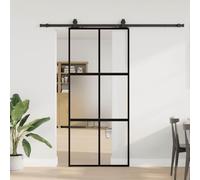 Eclith Porte coulissante avec ferrure, noir mat, 90 x 205 cm, en verre trempé et aluminium, avec cadre pour porte intérieure, salon, porte de chambre, rénovation avec kit de ferrures robustes pour un