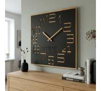 Grande horloge murale aspect bois Chiffres en bois ECO, carrée Silence, salon, chambre à coucher, fabriquée en UE (noir, 60 cm)