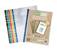 eco-eco Eco107 Lot de 50 pochettes perforées transparentes A4 100% recyclées Dos coloré 45 microns