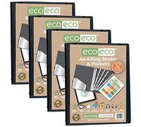 eco-eco Lot de 4 classeurs de présentation A4 à 4 anneaux en O avec 12 pochettes perforées, tranche de 22 mm, noir, eco046x4