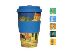 Ecoffee Cup Collection Van Gogh Tasse à café réutilisable et écologique 100 % végétale avec couvercle et manchon en silicone sans mélamine Passe au lave-vaisselle/micro-ondes 400 ml (maison jaune)