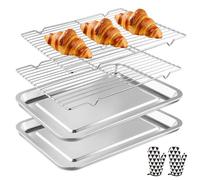 Ecofocet Plaque de Cuisson en Acier Inoxydable, Plaque à Patisserie avec Grille de Refroidissement et Gants de Four, Plaque de Four Universelle pour Pâtisserie, Griller, égoutter les Légumes,40x30x2CM