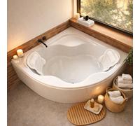 ECOLAM Baignoire d'angle acrylique SELMA 140 x 140 cm + tablier + oreiller Mare Garniture d'écoulement Alcaplast