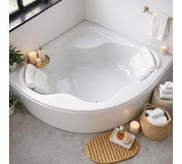 ECOLAM Baignoire d'angle SELMA 140 x 140 cm + tablier acrylique + 2 oreillers Sole Baignoire d'angle acrylique blanc Garniture d'écoulement Alcaplast