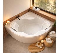 ECOLAM Baignoire d'angle symétrique SELMA 150 x 150 cm + tablier en acrylique | oreiller Mare | pieds siphon | set complet