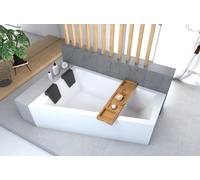 ECOLAM Baignoire trapézoïdale Intima Duo 170x125 cm gauche + tablier | 2x appuie-tête noir | Planche en Bambou | pieds siphon + silicone | complet
