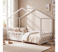 ecomi® Lit enfant 90x200 cm lit cabane avec barrière de sécurité et sommier à lattes, blanc