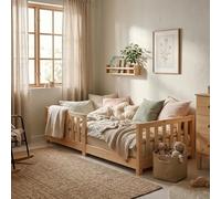 ecomi Lit pour Enfant avec Barriere de Securite et sommier à Lattes | 80x160 cm | Naturel | Lit Enfant Bois de pin Massif (Naturel, 80x160 cm)