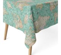 ECOMMERC3 Nappe Anti-Taches enduite carrée 140x140 Carte du Monde Turquoise | Pour la table carrée du quotidien, motif imprimé, finition résinée, 55 % coton et 45 % polyester