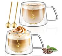ecooe 350ml Tasse à Café Double Paroi Verre à Thé avec Poignée et Cuillère | Verre Borosilicate, Lot de 2, Double Paroi Tasses à Latte Macchiato en Verre pour Thé, Lait, Cadeau D'anniversaire