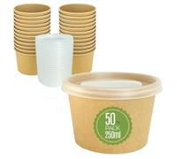ECOPICNIC 50 gobelets à soupe 250 ml avec couvercle PP, marron avec revêtement PE. Bols alimentaires jetables pour repas chauds