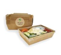 ECOPICNIC Lot de 100 Lunchbox en Kraft 1200 ML avec Couvercle | Boîtes Alimentaires jetables en Carton Kraft pour Repas à emporter, barquettes écologiques avec Couvercle pour salades, gâteaux