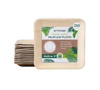 ECOPICNIC Lot de 250 assiettes carrées compostables jetables en feuille de palmier - 20 x 20 cm - Vaisselle jetable durable pour barbecues, pique-niques et fêtes d'anniversaire