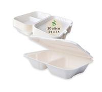 ECOPICNIC Lot de 50 boîtes en Canne à Sucre à 2 Compartiments 240 * 162 * 61 mm | Boîtes Alimentaires biodégradables jetables avec Couvercle, barquettes écologiques pour Repas à emporter