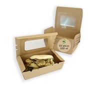 ECOPICNIC Lot de 50 Lunchbox en Kraft 500 ML avec Couvercle Transparent | Boîtes Alimentaires en Carton Kraft jetables pour Repas à emporter, barquettes écologiques Pratiques