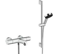 Ecostat Set Mitigeur Thermostatique bain/douche + Douchette à main XXL 105mm 3 jets, flexible douche 160cm, barre 65cm