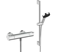 Ecostat Set Mitigeur thermostatique douche + Douchette à main XXL 105mm 3 jets, flexible douche 160cm, barre 65cm