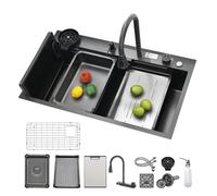 Ecoxsnz Évier Cuisine Inox 86 x 50 cm avec Robinet Extractible, Noir | Évier multifonction avec cascade, rince-verre, robinet pivotant à 360°, planche à découper et panier égouttoir