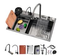 Ecoxsnz Évier de Cuisine Multifonction Cascade 86 x 50 cm, Inox, Noir | Avec robinet extractible à 360°, fonction cascade, rince-verre, planche à découper, panier égouttoir et accessoires inclus