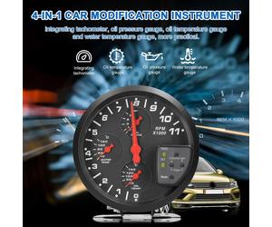 Écran multifonction 4-en-1 de 5 pouces pour voiture, compteur de régime, pression d'huile, température, jauge d'eau, avec fonction d'alarme et rétroéclairage 7 couleurs