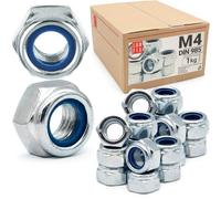 Écrous autobloquants M4 (1 kg) DIN 985, écrous hexagonaux en acier zingué, écrou frein de blocage avec bague nylon, écrou autobloquant pour vis, boulons et tiges filetées