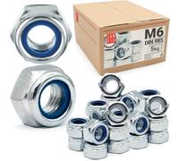 Écrous autobloquants M6 (5 kg) DIN 985, écrous hexagonaux en acier zingué, écrou frein de blocage avec bague nylon, écrou autobloquant pour vis, boulons et tiges filetées