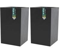 EDA - Pot Carré Haut Volcania'Up 36 L - Décor Imitation Pierre - Simple Paroi - Zone de Rétention d'eau - 29,5 x 29,5 x 49,5 cm - Gris Anthracite (Lot de 2)