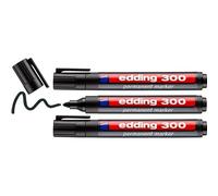 Edding 300 Marqueur Permanent - Noir - 3 Stylos - Pointe Ronde 1,5-3 Mm - Sèche Vite, Résiste À L'eau Et Aux Frottements - Pour Carton, Plastique, Bois, Métal, Verre