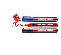 edding 300 Marqueur permanent - noir, rouge, bleu - 3 stylos - pointe ronde 1,5-3 mm - sèche vite, résiste à l'eau et aux frottements - pour carton, plastique, bois, métal, verre