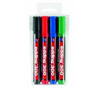 edding 300 Marqueur permanent - noir, rouge, bleu, vert - 4 stylos - pointe ronde 1,5-3 mm - sèche vite, résiste à l'eau et aux frottements - pour carton, plastique, bois, métal, verre