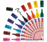 edding 3000 Marqueur permanent - multi-couleur - boîte de présentation de 10 stylos - pointe ronde 1,5-3 mm - sèche vite - résiste à l'eau et à l'essuyage - pour carton, plastique, bois, métal, tissu