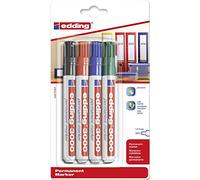 Edding 3000 Marqueur permanent - noir, rouge, bleu, vert - 4 stylos - pointe ronde 1,5-3 mm - sèche vite - résiste à l'eau et à l'essuyage - pour carton, plastique, bois, métal - marqueur universel