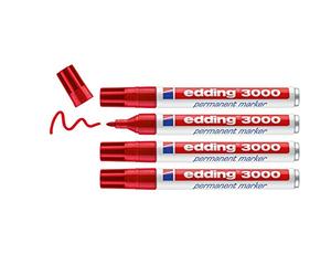 edding 3000 Marqueur permanent - rouge - 4 stylos - pointe ronde 1,5-3 mm - sèche vite - résiste à l'eau et à l'essuyage - pour carton, plastique, bois, métal - marqueur universel