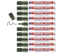 edding 3000 Marqueur permanent - vert olive - 10 stylos - pointe ronde 1,5-3 mm - sèche vite - résiste à l'eau et à l'essuyage - pour carton, plastique, bois, métal - marqueur universel