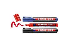 edding 330 Marqueur permanent - noir, rouge, bleu - 3 stylos - pointe biseautée 1-5 mm - sèche vite, résiste à l'eau et aux frottements - pour carton, plastique, bois, métal, verre