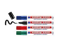 edding 3300 Marqueur permanent - noir rouge bleu vert - 4 stylos - pointe biseautée 1,5-3 mm - sèche vite - résiste à l'eau et à l'essuyage - pour carton, plastique, bois, métal - Marqueur universel