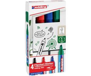 edding 383 Marqueur pour chevalets - étui de 4 - noir, rouge, bleu, vert - pointe biseautée 1-5 mm - marqueur pour écrire, dessiner et marquer sur du papier pour tableau de conférence - ne déborde pas