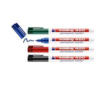 edding 400 Marqueur permanent - noir, rouge, bleu, vert - 4 stylos - pointe ronde fine 1 mm - sèche vite, résiste à l'eau et aux frottements - pour carton, plastique, bois, métal, verre