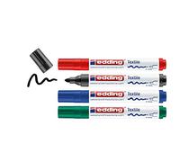 Edding 4500 Marqueur pour textiles - noir, rouge, bleu, vert - 4 pièces - pointe ronde de 2-3 mm - feutre textile lavable en machine (60 °C) pour décorer le tissu - marqueur textile