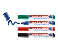 edding 663 Marqueur pour tableaux blancs - multi-couleur - étui de 4 stylos - pointe biseautée 1-5mm - feutre effaçable - pour tableaux blanc, magnétique, mémo et chevalet de conférence - rechargeable