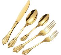 EdirFtra Ensemble de Couverts en Or de Luxe, Ustensiles en Acier Inoxydable de Style Victorien Orné, Couverts à Manche Creux Rétro Royal, Vaisselle Dorée 5 Pièces pour Mariages