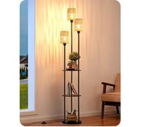 EDISHINE Lampadaire sur Pied avec Étagère 178 cm, 3 Abat-Jours en Rotin Naturel, 3 Ampoules E27 LED, tablette couleur noyer moyen