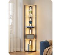 EDISHINE Lampadaire sur Pied Salon avec Étagères en Verre, Dimmable en Continu, 3 Températures de Couleur, Interrupteur à Pied, Bibliothèque d'Angle en Bois avec Lumière LED Pour Salon, Chambre, Noir
